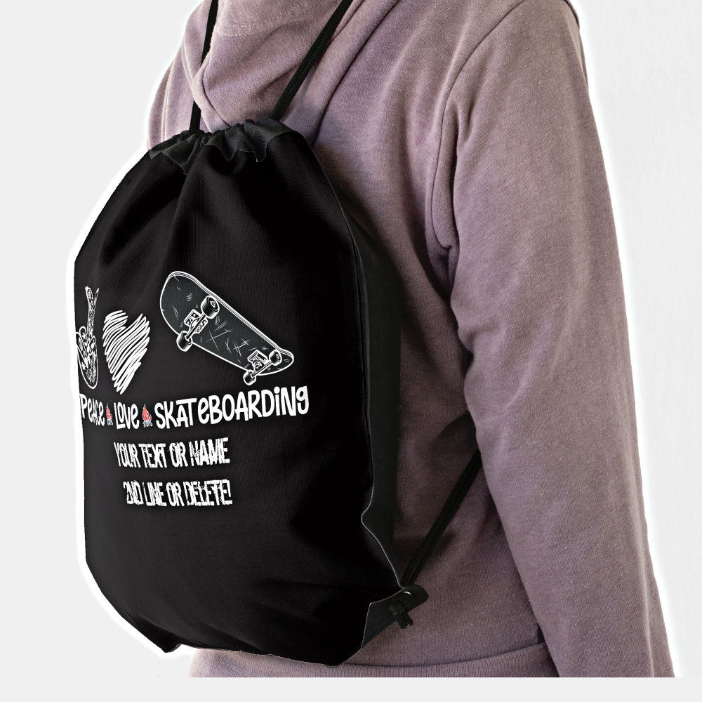 add your text name peace love skateboarding drawstring bag r 95ftm 1000 - Skating Gifts