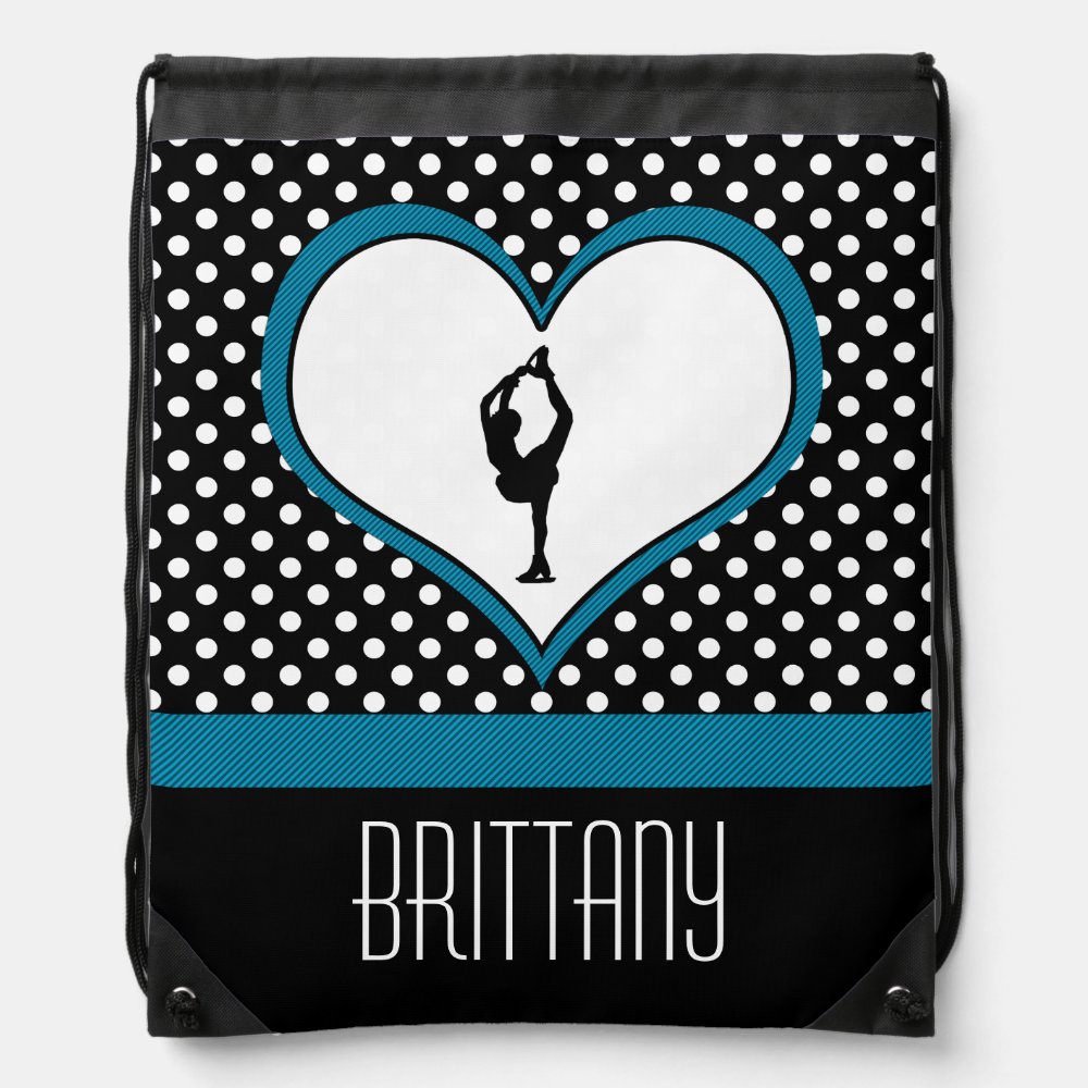 blue heart white polka dots figure skating drawstring bag - Skating Gifts