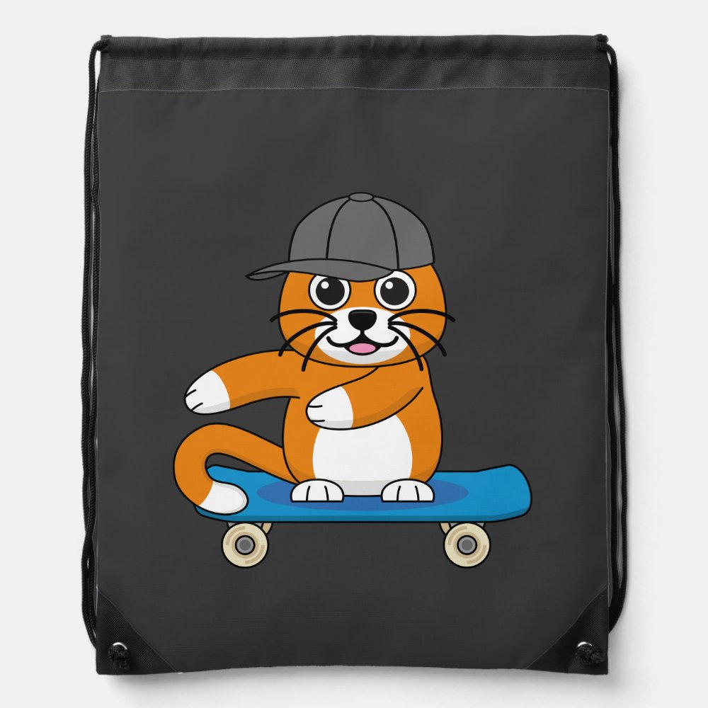 cute orange cat on skateboard cartoon drawstring bag - Skating Gifts