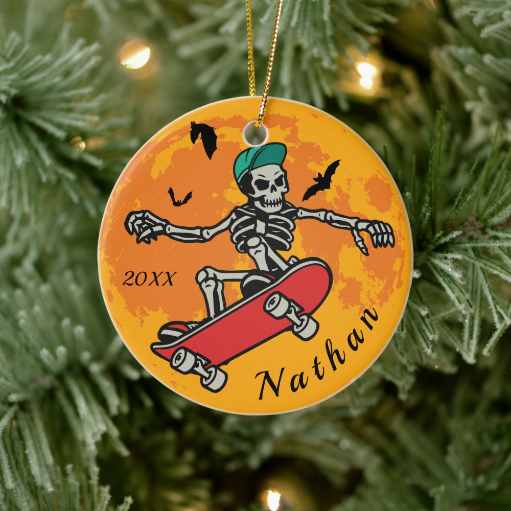 funny skeleton skateboarding halloween moon name ceramic ornament r77798af353fa49e59c895509af4ce048 05wi1 8byvr 1000 - Skating Gifts