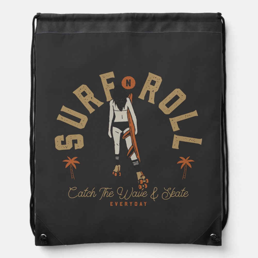 retro surfing surf skate roller skating beach girl drawstring bag - Skating Gifts