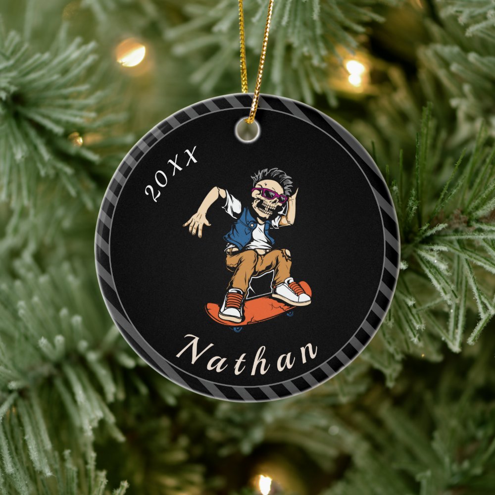 skeleton skateboarding skater name year striped ceramic ornament rf8dd5d75420e4322ab00321a3893f091 05wi1 8byvr 1000 - Skating Gifts