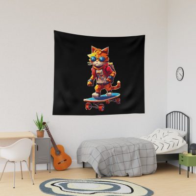 Cool Cat On Skateboard With Cool Vibes Tapestry Official Skating Merch